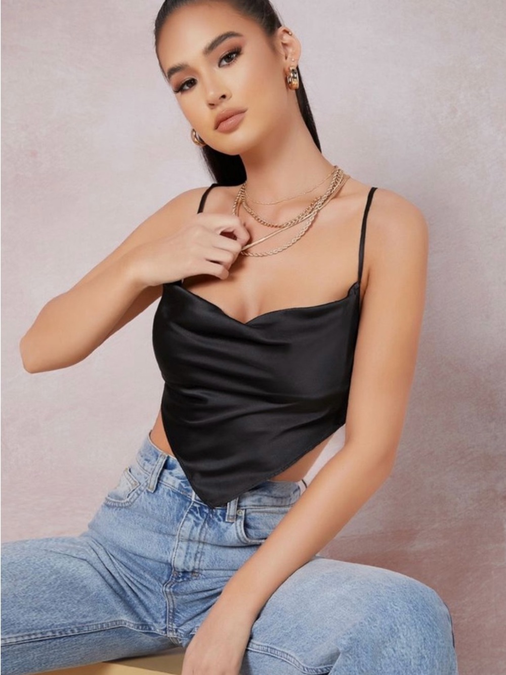 Fashion Black Satin black Womens casual top NWT